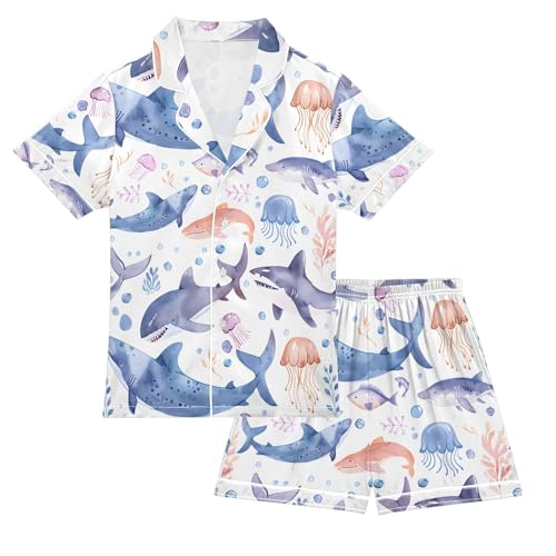 ALAZA Shark Fish Jellyfish Pajamas Satin Pajama Set Short Sleeve Button Down Sleepwear