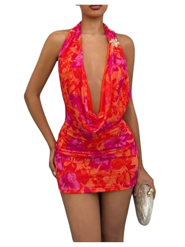 Image of OYOANGLE Women's Sexy Deep V Halter Dress Floral Bodycon Club Mini Dresses