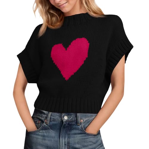 Saodimallsu Womens Cap Sleeve Cropped Sweater Mock Neck Cute Heart ...