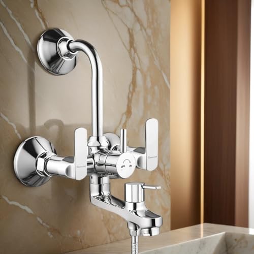 Image of Donald Series 3-in-1 Wall Mixer Tap | Premium Brass Body with Overhead Shower Provision & 190mm Long Bend Pipe | Chrome Finish | Bathroom Wall Mounted Mixer Faucet
