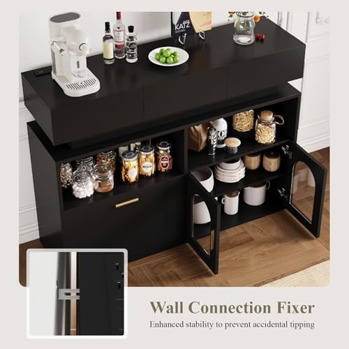Coffee Bar Cabinet, Buffet Cabinet with USB/Type-c Charging Station, Kitchen Storage Cabinet with 3 Drawers and 2 Doors, Sideboard with Adjustable Shelf, Farmhouse Dining Room Furniture，Black — view 5