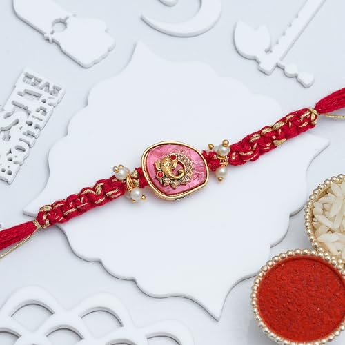 Image of eCraftIndia Red Ganesha Rakhi for Brother Bhaiya Bhai with Best Bro Ever Fridge Magnet | Roli Chawal Pack
