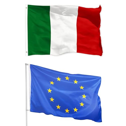 Bandiera Italia Tricolore Antivento, Grande, Decorativa UE, per Eventi Sportivi e Sfilate, con 2 Cchielli in Ottone, 90x150cm, 2 Pezzi