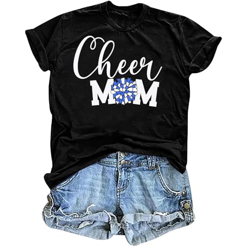 Cheer Mom Shirt for Women Letter Print Casual Short Sleeve Tee Tops Game Day T-Shirt Sports Mama Life Gifts-Black XL