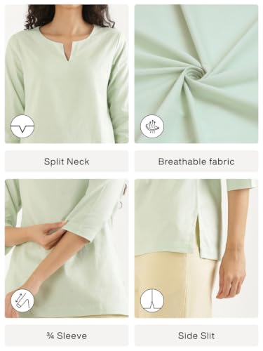 Image of SAADAA Airy Linen Split Neck Short Kurta for Women | Casual & Office Wear | 3 /4 Sleeves, Comfortable Fit | Elegant Top | Lightweight & Breathable Fabric |