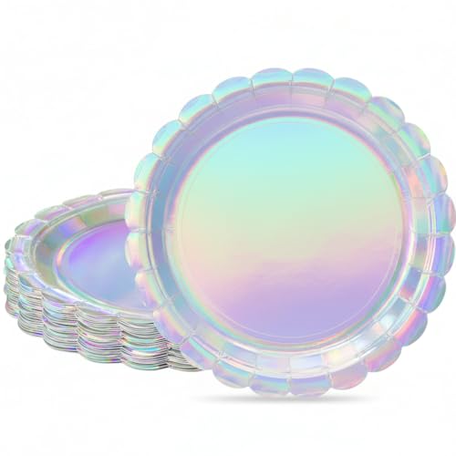 NatNarr 30 Pcs Iridescent Paper Plates Disposable 7 Inch Scalloped Holographic Plates Sliver Cake Dessert Plate for Graduation Birthday Mermaid Disco
