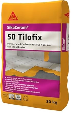 SIKA - Tile adhesive - SikaCeram-50 Tilofix - Floor and wall tile adhesive for small, medium sized ceramic tiles - Indoor use - Self curing - Grey - 20kg
