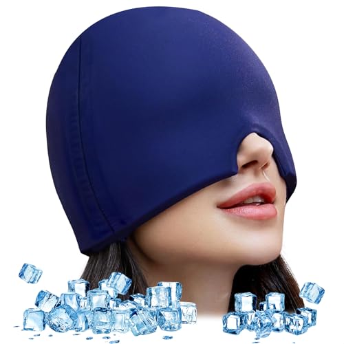 Techshining Migraine Relief Cap – Full Head Ice Pack for Headache & Migraine Relief, Soft & Stretchy Gel Hat with 20% More Cooling Gel, Odourless Cold Compress with 360° Head Coverage (Navy Blue)