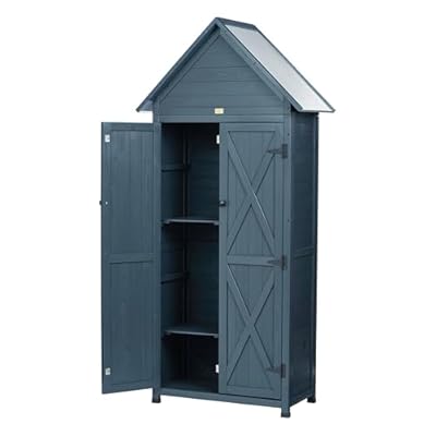 Outdoor Storage Shed with Floor & Adjustable Shelves, Wooden Garden Tool Cabinet Weatherproof, 71" Vertical Patio Organizer