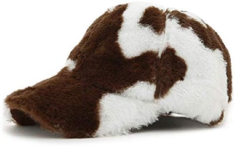 Faux Fur Cow Print Baseball Caps for Women Men Girls Fashion Winter Warmer Hats Adjustable Black White Sun Cap (Brown)