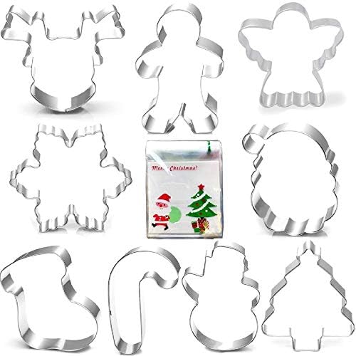 UKoosien Christmas Cookie Cutter Set-9 piece-Gingerbread Men, Snowflake, Reindeer, Angel, Christmas Tree, Snowman, Santa Face and More Cookie Cutters Molds with 100-Pack Candy Cookie Bags