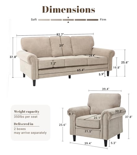 Image of Kingfun 3 Seater Couch with Chair, Mid Century Modern Sofa Set with Rolled Arms and Deep Seats, Fluffy Comfort for Living Room, Apartment, Easy Assembly, Khaki