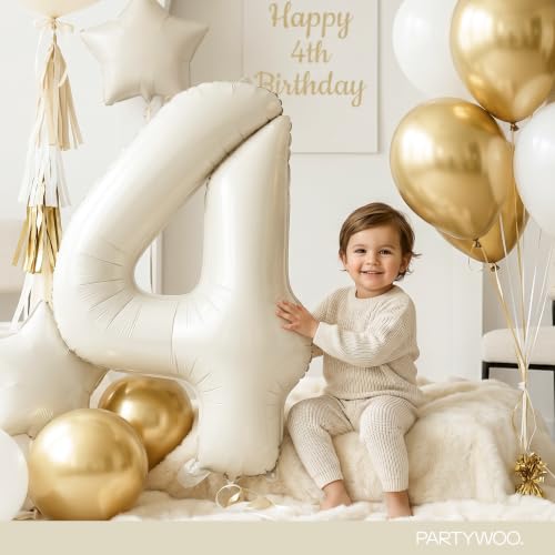 Image of PartyWoo Beige Number 4 Balloon 40 Inch 25pcs White Sand Foil Star Gold