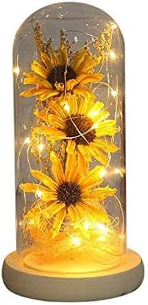 Artificial Sunflower in Glass Dome LED Flower Lamp Enchanted Gift Sunflower Decor Sunflower Gifts for Her on Anniversary Mother's Day Birthday Thanksgiving Christmas, Yellow, 4.3x4.3x9 inch