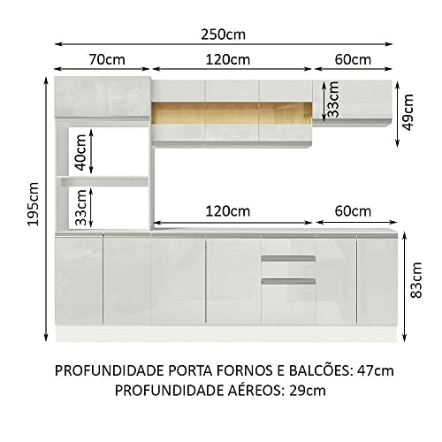 Cozinha Completa 100% Mdf Madesa Smart 250 cm Com Balcão e Tampo - Frentes Branco Brilho