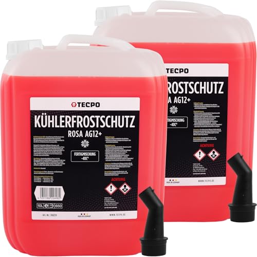 TECPO Anticongelante anticongelante rojo y rosa, refrigerante G12 + -40 °C anticongelante, G12 para coche, mezcla lista para usar, agua fría para coche (2 x 10 litros)