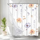 AWERT Floral Shower Curtain for Bathroom Violet Beige Flower Shower Curtain with Liner 3 in 1 Shower Curtain Set Clear PEVA Liner with 12 Rust Proof Hooks 70x70 inch
