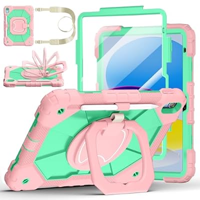 Case for iPad (A16) 11th Generation 11 Inch 2025, Ubearkk for iPad 10th Generation 10.9 inch 2022 case with Screen Protector 360 Degree Rotating Stand Shoulder Strap Pencil Holder, Rose Mint
