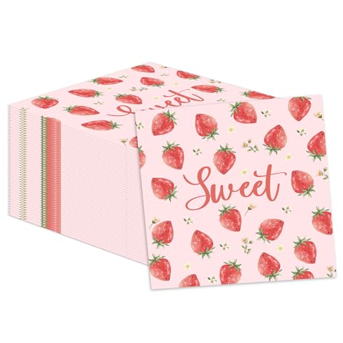 100 Pcs Strawberry Party Napkins Paper Disposable 2-Ply Cocktail Napkins Tableware Pink Party Decorations Supplies For kids Baby Shower Birthday 6.5 X 6.5 Inches