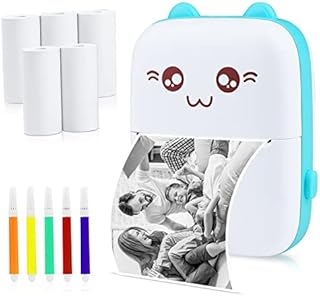 Mini Thermal Printer, Bluetooth Labler Maker, Portable Label Printer, Mini Printer Compatible with Android and ios, Printable Photos, Lists, QR Codes, Notes(With 5 Roll Thermal Paper+5 Colored Pens)