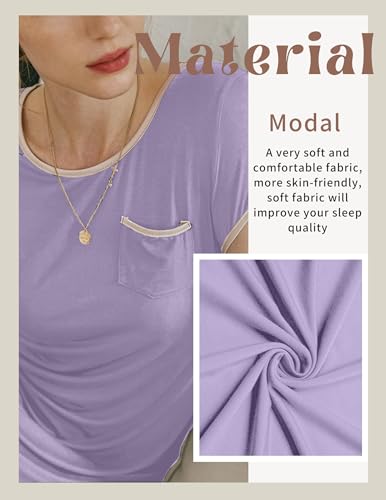 Image of Ekouaer Womens Nightgown Sleep Shirt Dress Satin Patchwork Short Sleeve Sleepwear with Pocket