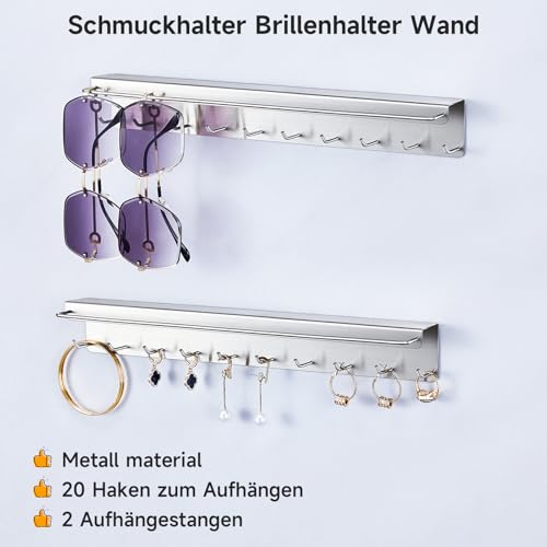 2 Stück Brillenhalter Wand & Ketten Aufbewahrung, Sonnenbrillen Aufbewahrung mehrere Brillen, Hängend Schmuckhalter für Halsketten,Armbänd & Ohrringe, Metall Kettenhalter, Brillenständer, Silber