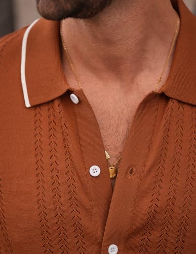 Grace Karin Mens Breathable Casual Button Down Shirt Hollow Out Lightweight Summer Polo Shirt Coffee Xl thumb #5