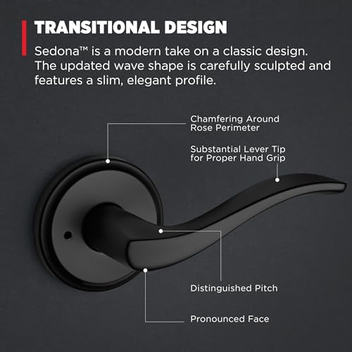 Image of Kwikset Sedona Interior Privacy Door Handle with Lock, Door Lever for Bathroom and Bedroom, Matte Black Reversible Keyless Push Button Lock Door Lever, with Microban Protection