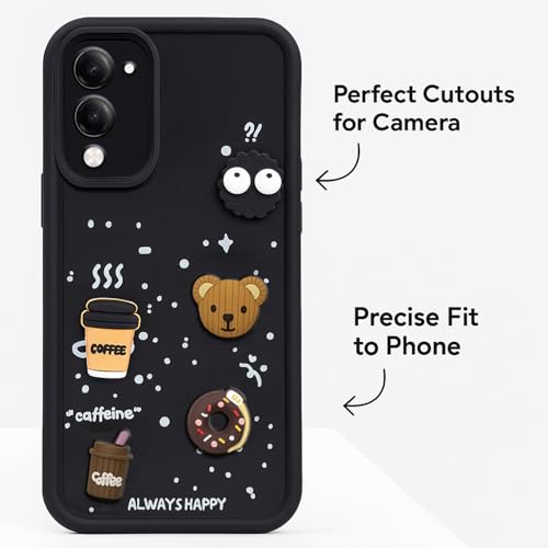 Image of COLORflow Back Cover Compatible with Vivo Y19 5G / Y19e 5G | Cute Fun Cartoon 3D Ball Coffee Silicone Case (Black) | Designer Camera and Body Protected Back Cover