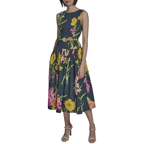 Image of Karl Lagerfeld Women's Sleeveless Boat Neck Drop Waist Belted Midi Dress