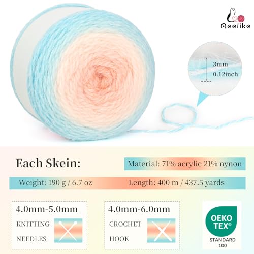 Image of Aeelike Ombre Yarn for Crocheting, 2 PCS Colorful Gradient Yarn #4 Medium, Each 190g(6.7 oz) 400m(437.5 Yards) 71% Acrylic 29% Nynon, Soft Cake Crochet Yarns for Blanket, Scraves, Sweaters, Color E
