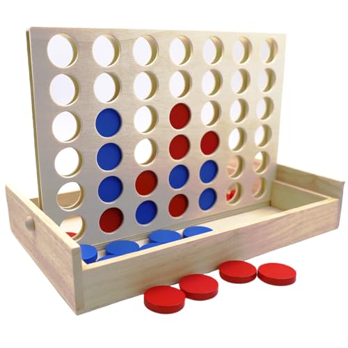 GDJIAJT Puissance 4 Jeux en Bois, 4 in a Row Jeu de stratégie Classique, 4 de la même Couleur à la Suite, Version de Voyage dans Une boîte, Jeu de société Adulte...