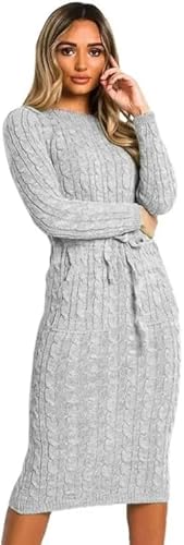 BESTITALIANUK Women’s Winter Warm Cable Knit Jumper Dress Ladies Pocket Rop Tie up Long Midi Party Dress Top Girls Casual Knitted Pockets Midi Silver Grey