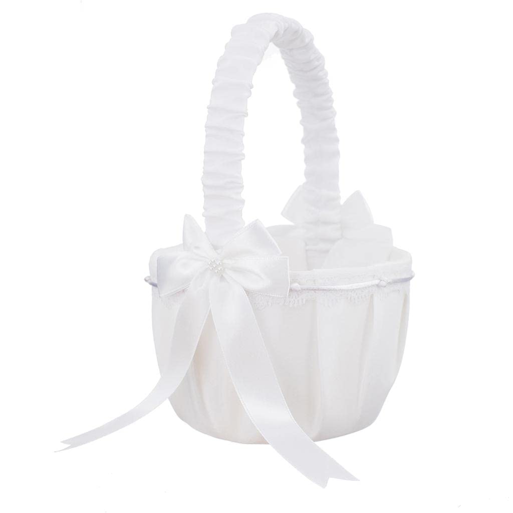 UJEAVETTE® Romantic Bowknot White Satin Wedding Ceremony Party Flower Girl Basket