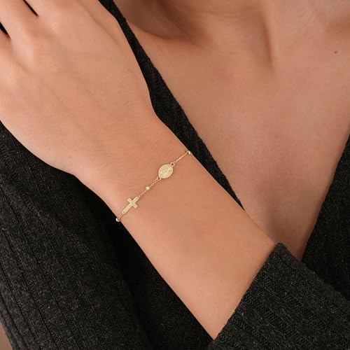 Image of MIONZA Catholic Medal Cross Bracelet for Women | 14K Gold Plated or Solid Gold, Religious Rosary Jewelry, Choose Your Saint Medal Bracelet