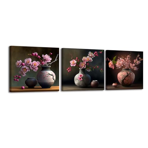 Piy Peach Blossom Painting Set of 3, Pink Flowers Canvas Prints Framed Pictures for Living Room Bedroom, Kitchen - 12x12inch