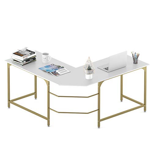 Exclusive Discount 🔥 Elephance L Shaped Desk Corner Computer Desk Gaming Table Workstation for Home Office (Large, White+ Gold Frame)