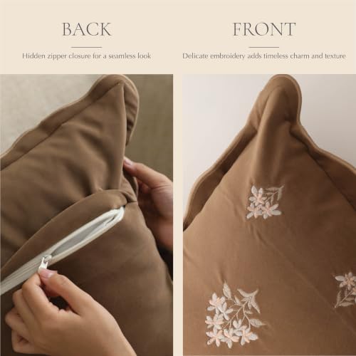 BlissBlush Long Lumbar Pillow Cover 14x36 for Bed, Brown Velvet Decorative Lumbar Pillow Cover, Floral Accent Cushion Cover with Embroidery and Scalloped Edge for Couch Sofa Bed, Cover ONLY - image 9