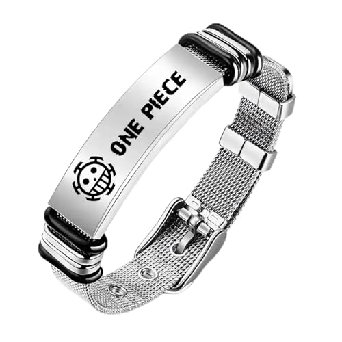 BayJew One Piece Anime Bracelet - Stainless Steel Adjustable Mesh Wristband with Skull Design for Men Women Christmas gifts