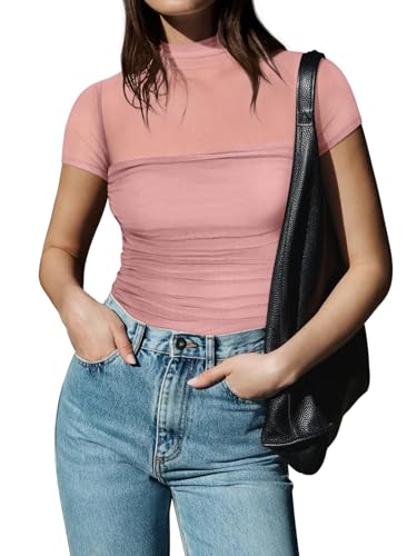 Image of REORIA Women's Sexy Mock Turtle Neck Short Sleeve Shirts Sheer Mesh Ruched Trendy Going Out Bodysuits Tops