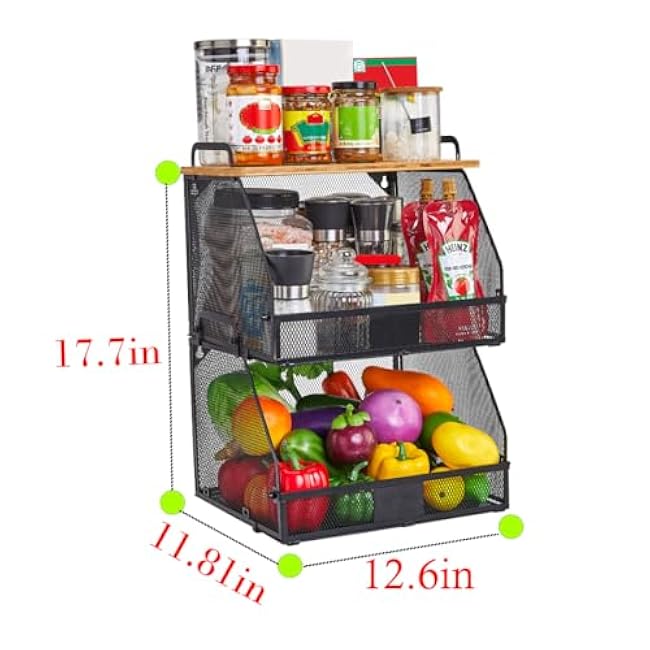 2 Tier XXL Stackable Hanging fruit basket for kitchen counter,hanging Wall baskets with Bamboo Tops & Tag,Wire basket for Cabinet Shelf Countertop Pantry Organizer Bins, onion potato Vegs Bread Organi