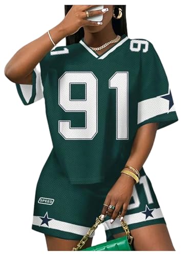 SweatyRocks Women's Plus Size 2 Piece Jersey Outfits Graphic Mesh T Shirt and Shorts Sets Summer Streetwear Green XX-Large Plus