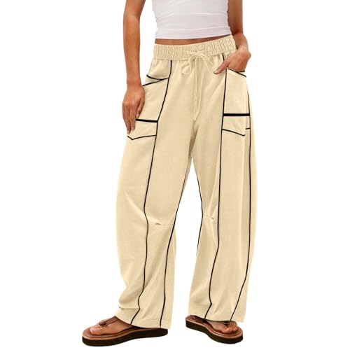 Image of Barrel Pants Women Casual Cargo Wide Leg Baggy Sweatpants Drawstring High Waisted Lounge Palazzo Pants with Pockets