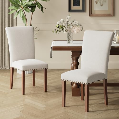 COLAMY Upholstered Parsons Dining Chairs Set of 2, Fabric Dining Room Kitchen Side Chair with Nailhead Trim and Wood Legs - Beige