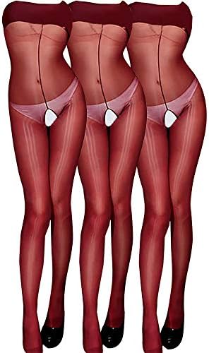 Sexy Crotchless Bodystocking 2 (Pairs) - Glitter Ultra Sheer Open Crotch Nightwear Pantyhose (Red)