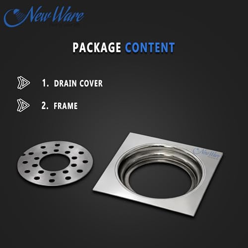 Image of NEW WARE Square 4x4 Inch Stainless Steel Bathroom Jali Trap Floor Drain with Center Hole | Heavy Duty Chrome Finish Water Drain Grating | Rust Proof Anti Clog Drain Cover for Bathroom Kitchen Balcony