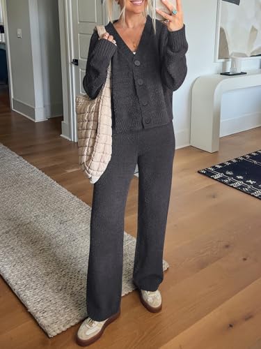 ANRABESS Women Pajama Lounge Sets Fuzzy Fleece 2 Piece Outfits Long Sleeve Cardigan Wide Leg Pants 2025 Fall Comfy Loungewear2