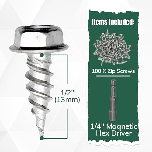A-M Gutter Guard - 1/2" #8 Stainless Steel Zip Screws - Self-Piercing Easy Start Tip - Mill Finish - 1/4" Hex Washer Head - Pack of 100 - Includes 1/4" Magnetic Hex Driver – for Gutter Install