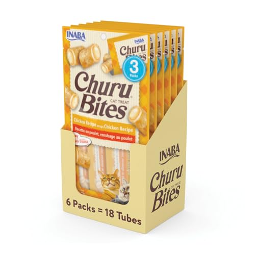 INABA Churu Bites for Cats, Soft/Chewy Baked Chicken Wrapped Churu Filled Cat Treats with Vitamin E, 0.35 Ounces per Tube, 18 Tubes Total (3 Tubes per Pack), Chicken Recipe