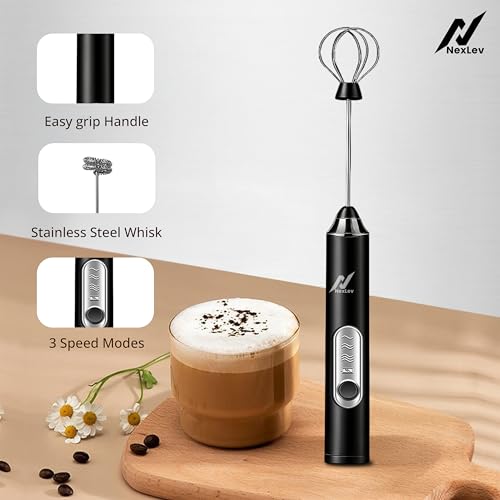 Image of NexLev Rechargeable Milk Frother & Coffee Whisker | 3 Speed | Stainless Steel Dual Spring Tech | Perfect for Coffee Lattes Milk Hot Chocolate Omlete & Cream | Handheld Beater for Foam |MF-01